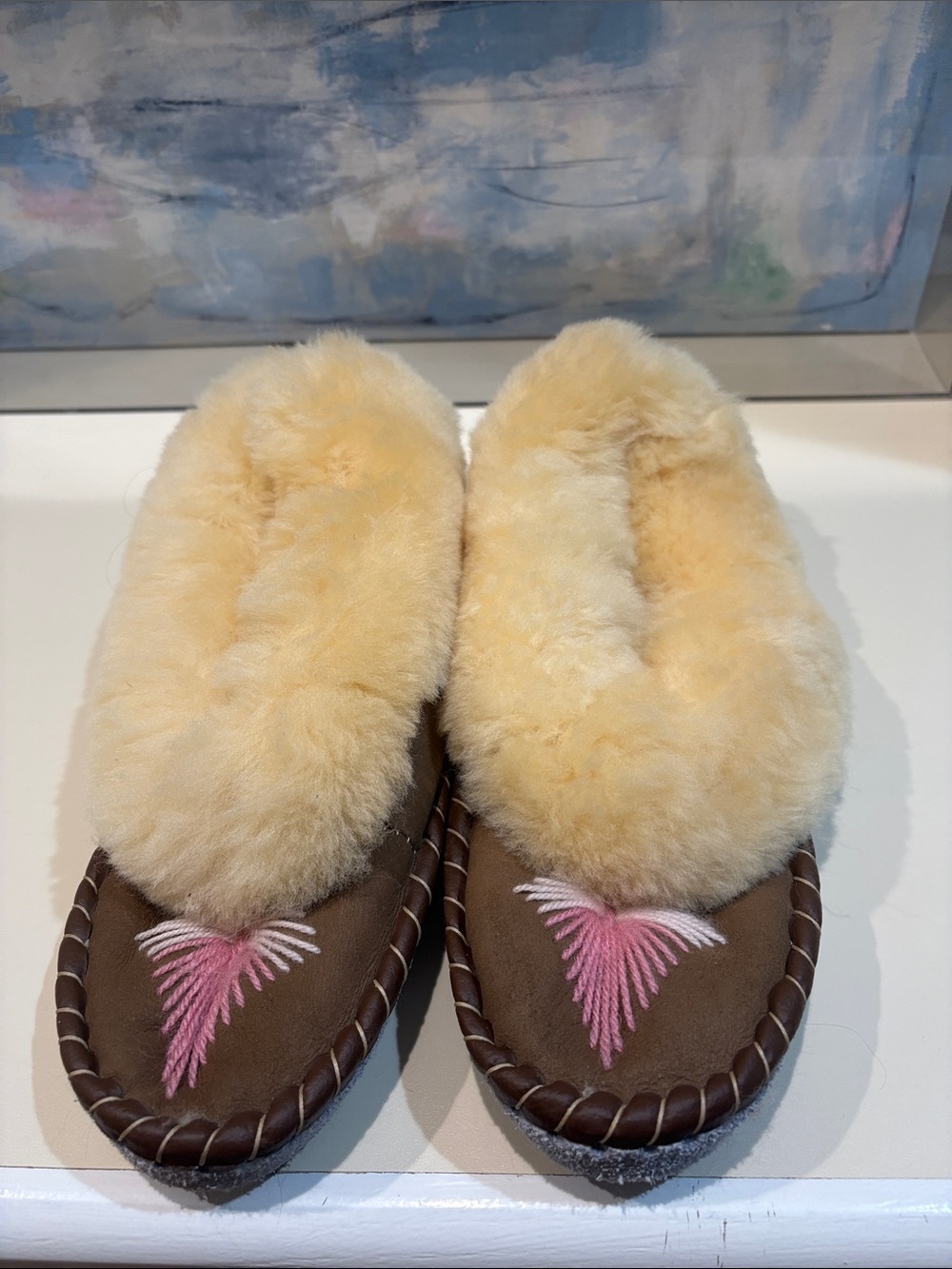 Plush Shearling-Lined Brown Moccasin Slippers with Pink Embroidery